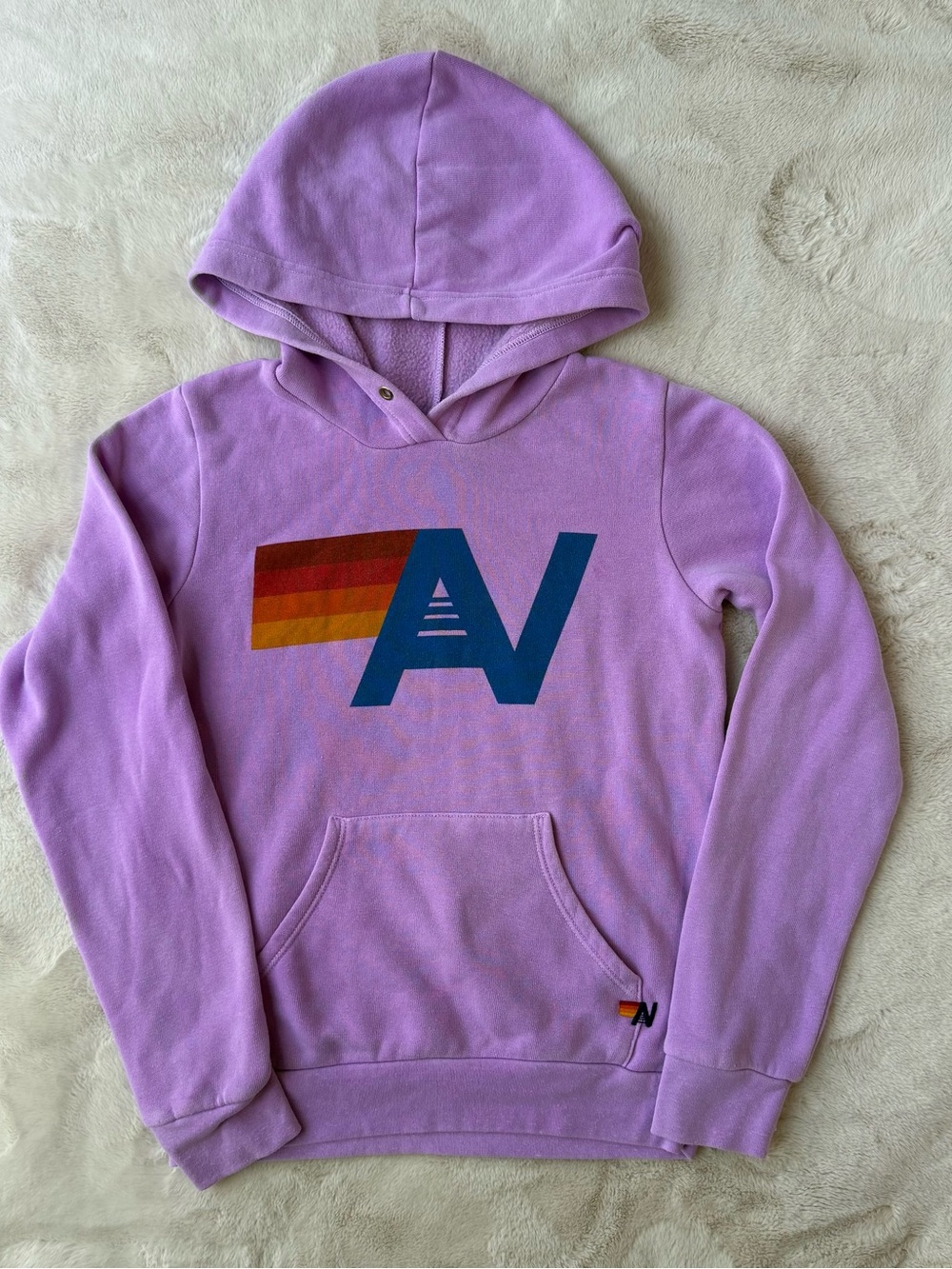 Aviator Nation Lilac Hoodie with Blue 'A' and Rainbow Stripe